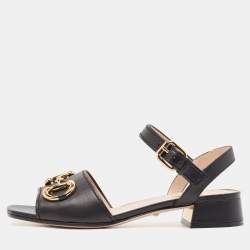 Pre Owned Gucci Black Leather Horsebit Ankle Strap Sandals Size 36.5