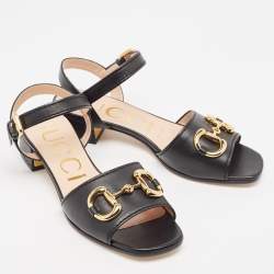 Pre Owned Gucci Black Leather Horsebit Ankle Strap Sandals Size 36.5