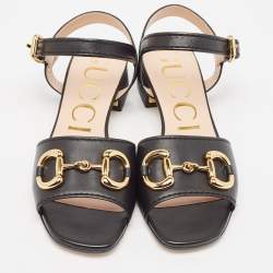 Pre Owned Gucci Black Leather Horsebit Ankle Strap Sandals Size 36.5