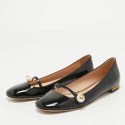 مملوكة مسبقًا حذاء باليرينا فلات غوتشي جي جي جلد أسود لامع لؤلؤ مزخرف مقاس 37.5