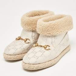 Pre Owned Gucci Cream/Silver Canvas and Shearling Fria Horsebit Ankle Boots Size 35.5