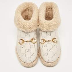 Pre Owned Gucci Cream/Silver Canvas and Shearling Fria Horsebit Ankle Boots Size 35.5