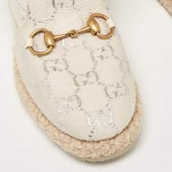 Pre Owned Gucci Cream/Silver Canvas and Shearling Fria Horsebit Ankle Boots Size 35.5