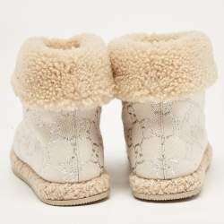 Pre Owned Gucci Cream/Silver Canvas and Shearling Fria Horsebit Ankle Boots Size 35.5
