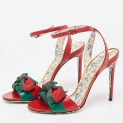 Gucci Red Leather Web Bow Ankle Wrap Sandals Size 38