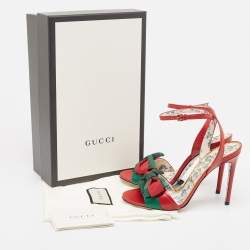 Gucci Red Leather Web Bow Ankle Wrap Sandals Size 38