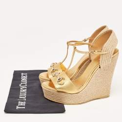 Pre Owned Gucci Metallic Leather Horsebit T-Strap Espadrille Platform Wedge Sandals Size 38