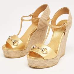 Pre Owned Gucci Metallic Leather Horsebit T-Strap Espadrille Platform Wedge Sandals Size 38