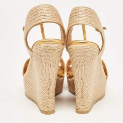 Pre Owned Gucci Metallic Leather Horsebit T-Strap Espadrille Platform Wedge Sandals Size 38