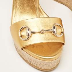 Pre Owned Gucci Metallic Leather Horsebit T-Strap Espadrille Platform Wedge Sandals Size 38