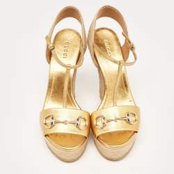 Pre Owned Gucci Metallic Leather Horsebit T-Strap Espadrille Platform Wedge Sandals Size 38
