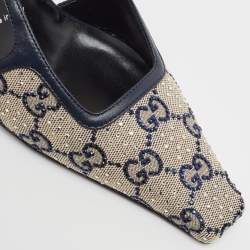 Gucci Beige/Blue GG Canvas and Leather Crystal Embellished Slingback Pumps Size 36.5