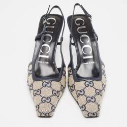 Gucci Beige/Blue GG Canvas and Leather Crystal Embellished Slingback Pumps Size 36.5