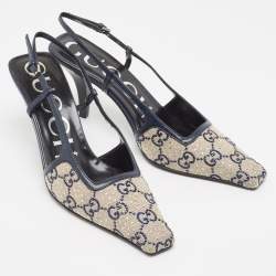 Gucci Beige/Blue GG Canvas and Leather Crystal Embellished Slingback Pumps Size 36.5