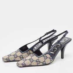 Gucci Beige/Blue GG Canvas and Leather Crystal Embellished Slingback Pumps Size 36.5