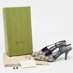 Gucci Beige/Blue GG Canvas and Leather Crystal Embellished Slingback Pumps Size 36.5