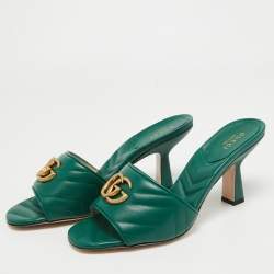 Gucci Green Matelassé Leather Double G Slide Sandals Size 39