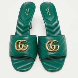 Gucci Green Matelassé Leather Double G Slide Sandals Size 39