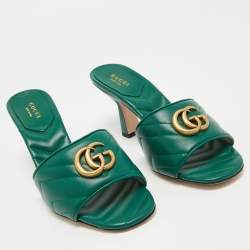 Gucci Green Matelassé Leather Double G Slide Sandals Size 39