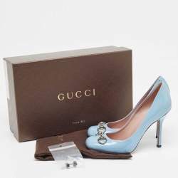 Pre Owned Gucci Blue Patent Leather Jolene Horsebit Square Toe Pumps Size 37