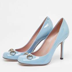 Pre Owned Gucci Blue Patent Leather Jolene Horsebit Square Toe Pumps Size 37