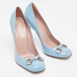 Pre Owned Gucci Blue Patent Leather Jolene Horsebit Square Toe Pumps Size 37