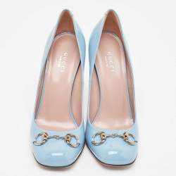 Pre Owned Gucci Blue Patent Leather Jolene Horsebit Square Toe Pumps Size 37