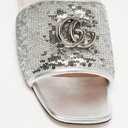 Gucci Silver Leather and Sequins Double G  Flat Slides Size 37.5
