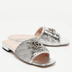 Gucci Silver Leather and Sequins Double G  Flat Slides Size 37.5