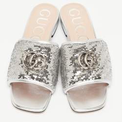 Gucci Silver Leather and Sequins Double G  Flat Slides Size 37.5