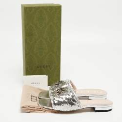 Gucci Silver Leather and Sequins Double G  Flat Slides Size 37.5