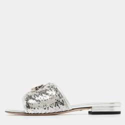 Gucci Silver Leather and Sequins Double G  Flat Slides Size 37.5