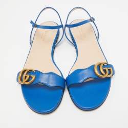 Gucci Blue Leather GG Marmont Flat Slides Size 37