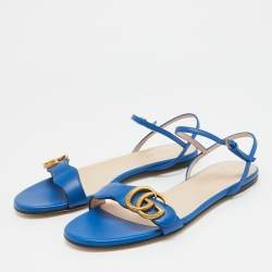 Gucci Blue Leather GG Marmont Flat Slides Size 37