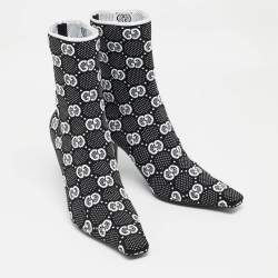 Pre Owned Gucci Black/White GG Knit Fabric Sock Ankle Boots Size 39.5