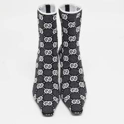 Pre Owned Gucci Black/White GG Knit Fabric Sock Ankle Boots Size 39.5