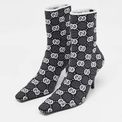 Pre Owned Gucci Black/White GG Knit Fabric Sock Ankle Boots Size 39.5