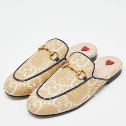 Pre Owned Gucci Beige Raffia and Leather Princetown Mules Size 36
