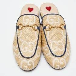 Pre Owned Gucci Beige Raffia and Leather Princetown Mules Size 36