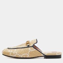 Pre Owned Gucci Beige Raffia and Leather Princetown Mules Size 36