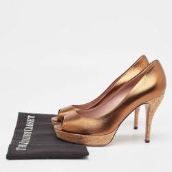 Gucci Metallic Bronze Leather Peep Toe Platform Pumps Size 38.5