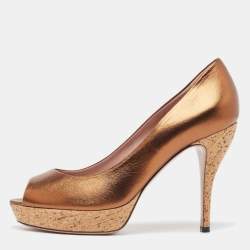 Gucci Metallic Bronze Leather Peep Toe Platform Pumps Size 38.5