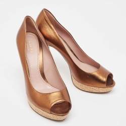 Gucci Metallic Bronze Leather Peep Toe Platform Pumps Size 38.5