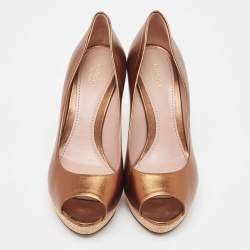 Gucci Metallic Bronze Leather Peep Toe Platform Pumps Size 38.5