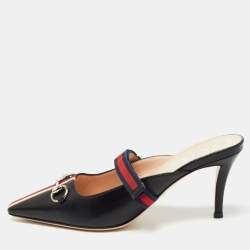Pre Owned Gucci Black Leather Emma Mules Size 36.5
