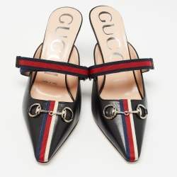 Pre Owned Gucci Black Leather Emma Mules Size 36.5