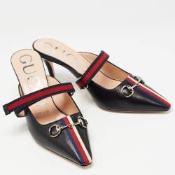 Pre Owned Gucci Black Leather Emma Mules Size 36.5