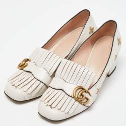 Gucci Beige Leather GG Marmont Fringe Detail Block Heel Pumps Size 40