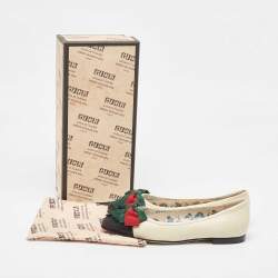 Pre Owned Gucci Off White Leather Web Bow Cap Toe Ballet Flats Size 37.5