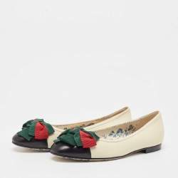 Pre Owned Gucci Off White Leather Web Bow Cap Toe Ballet Flats Size 37.5